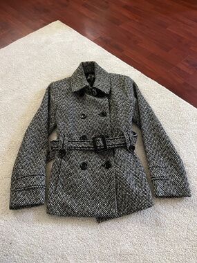 giacca Black & White Herringbone Double-Breasted Peacoat with Belt